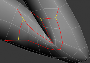 Although the T-vertices (yellow) are created with an inset structure, the red edges are unnecessary for this object and should be removed altogether.