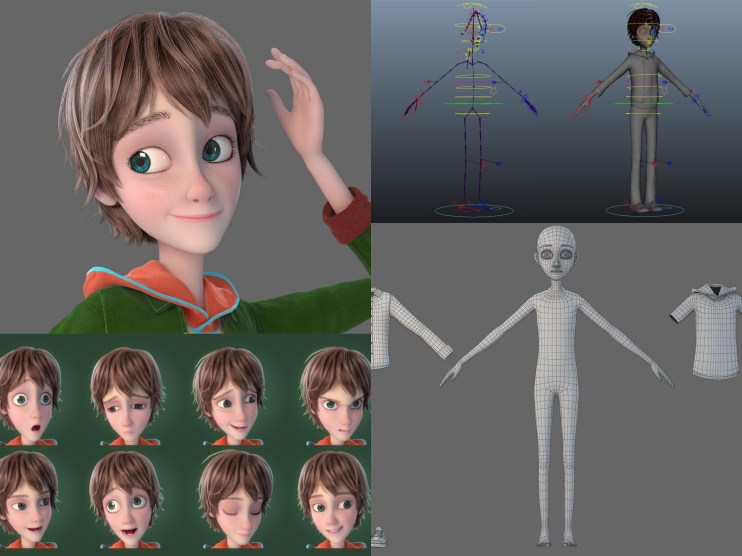 Cartoon boy 3D model includes photos of rigging, wireframes, and expression sheet
