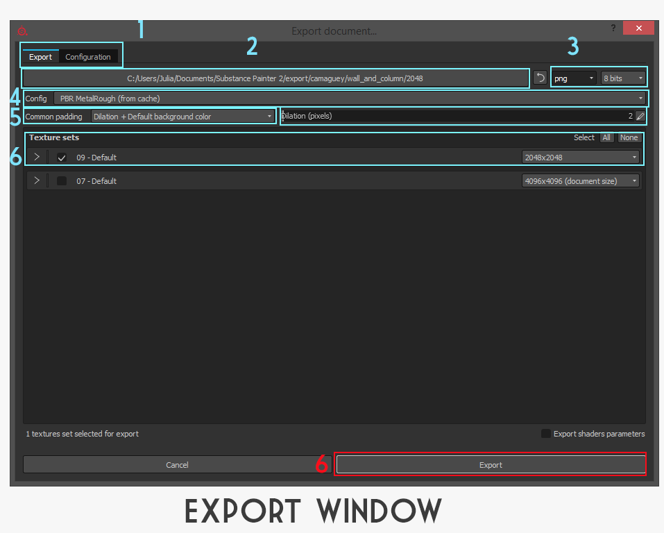 Export window in Substance Painter