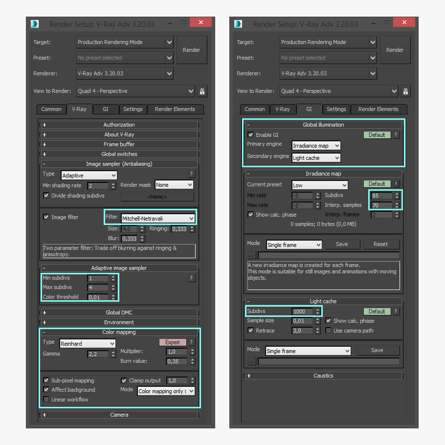 Render settings for V-Ray