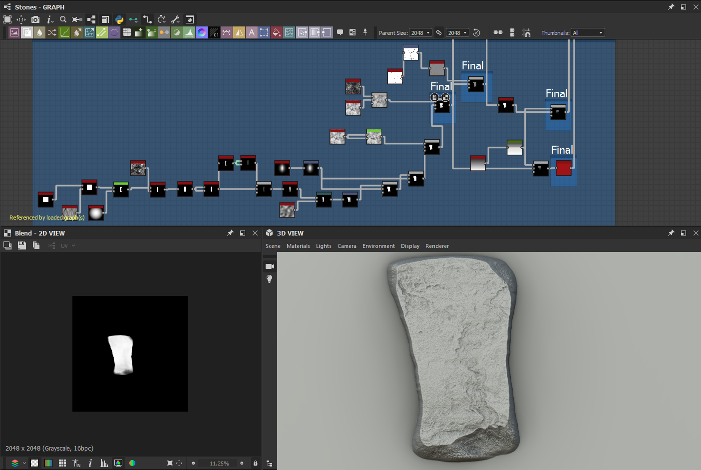 Using Substance Designer graph to construct a procedural rock in the foreground.