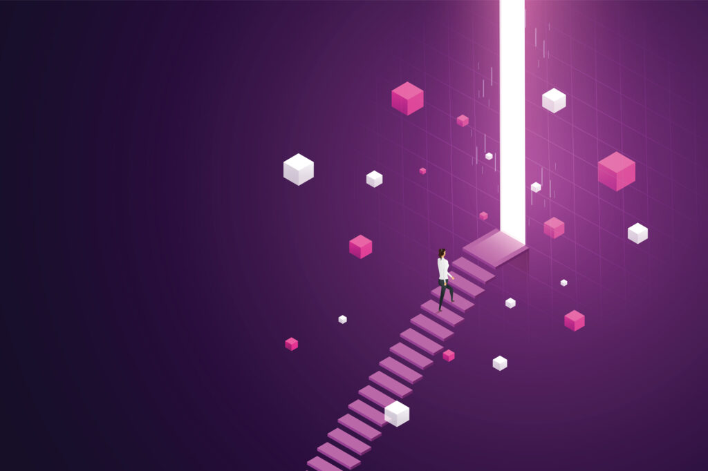 Illustration of a person climbing rising stairs to an illuminated doorway in a digital landscape