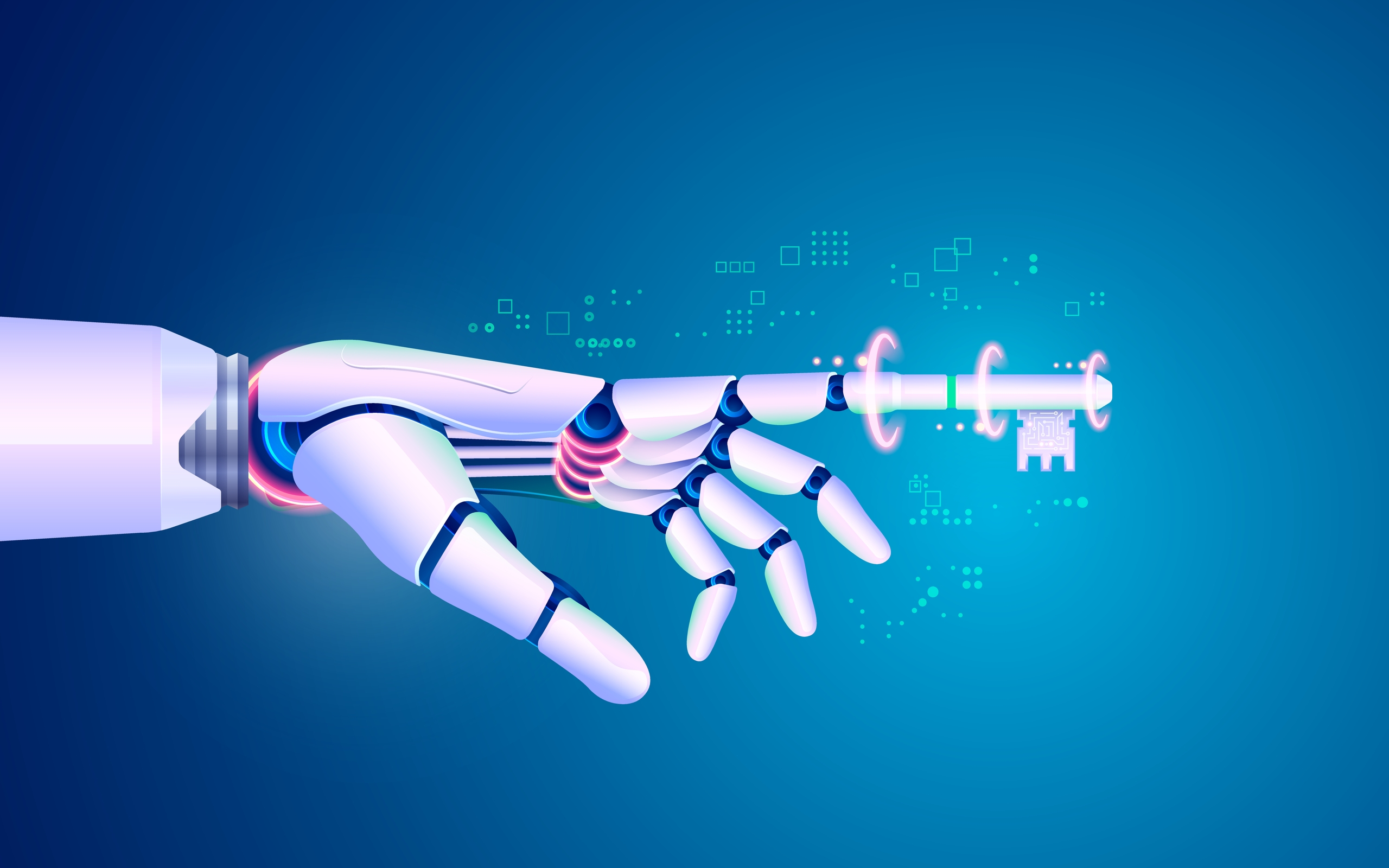 Illustration of a robot hand reaching through a digital landscape.