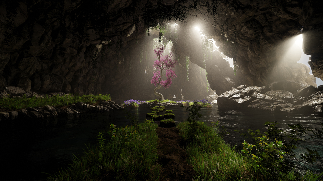 Otherworldly 3D model scene of an illuminated tree within a cave