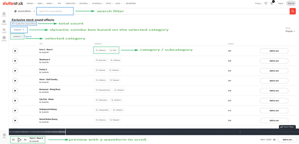 The result page of the Shutterstock sound effects library.