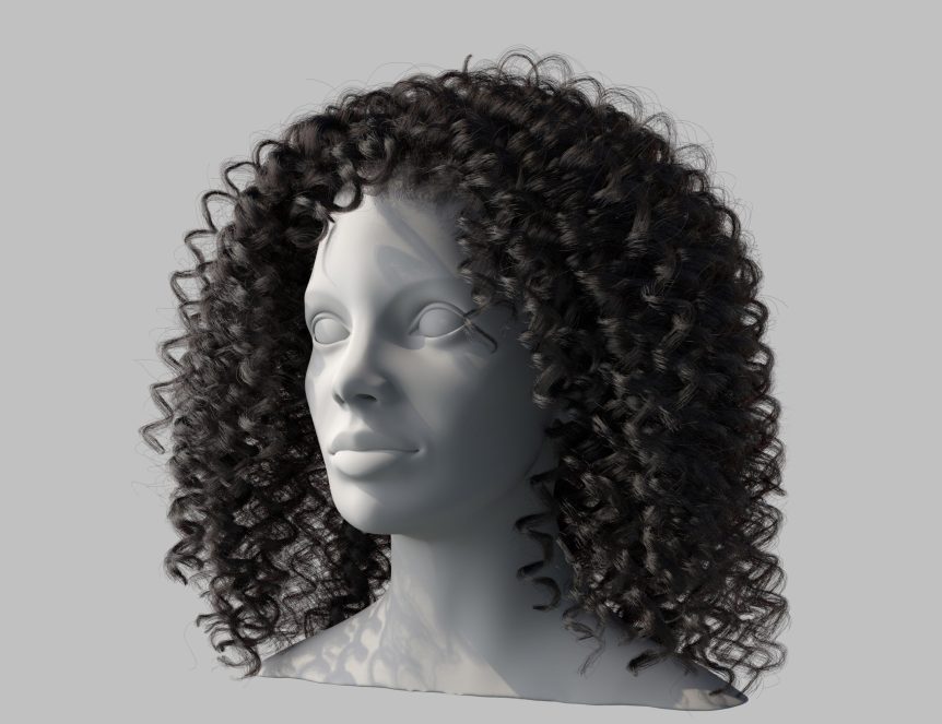 A rendered 3D curly hairstyle