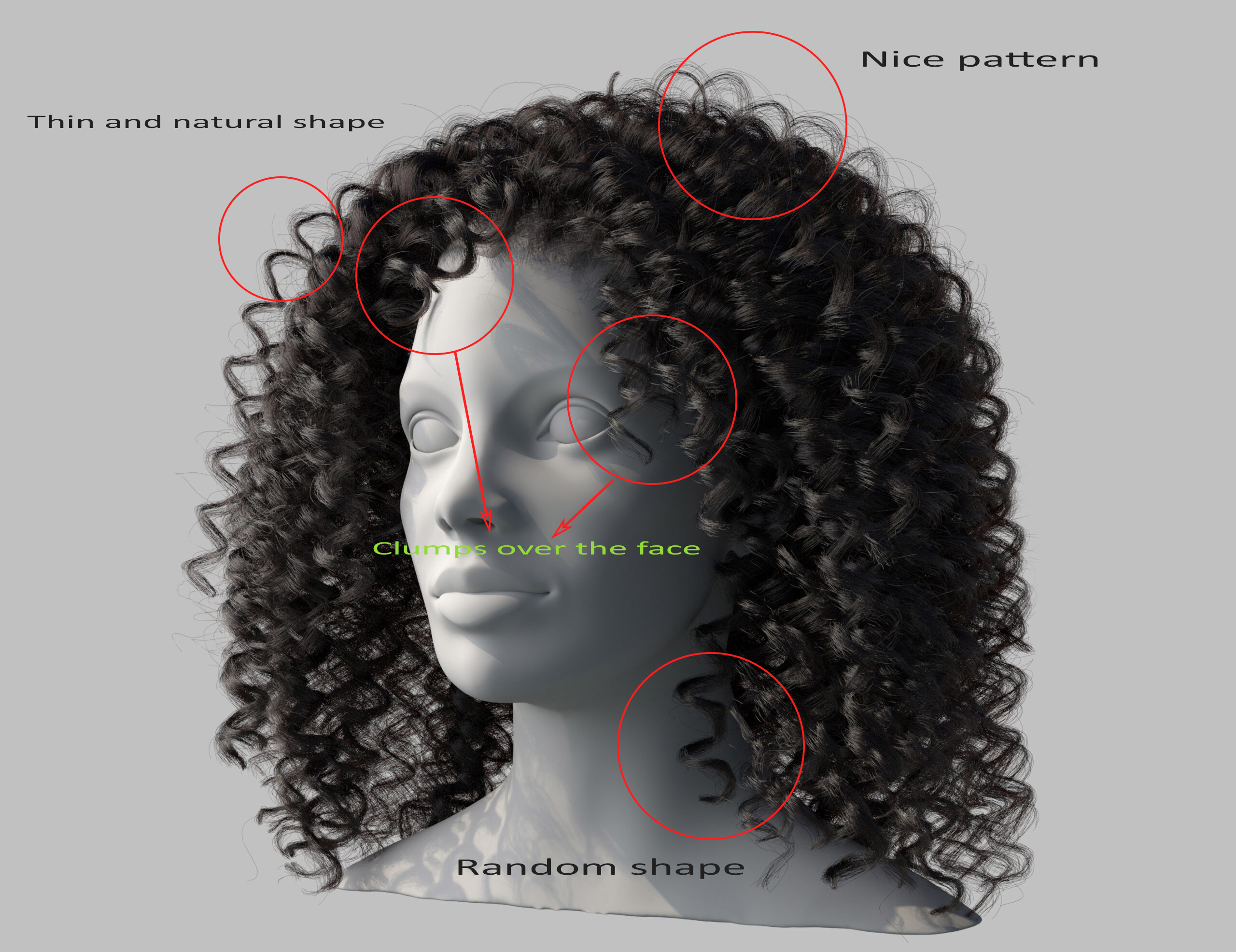 Features of the realistic curly/textured hair.