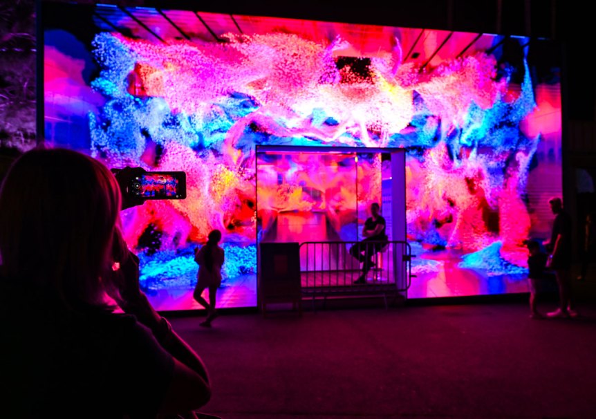The Shutterstock interactive installation at Cannes Lions at night.