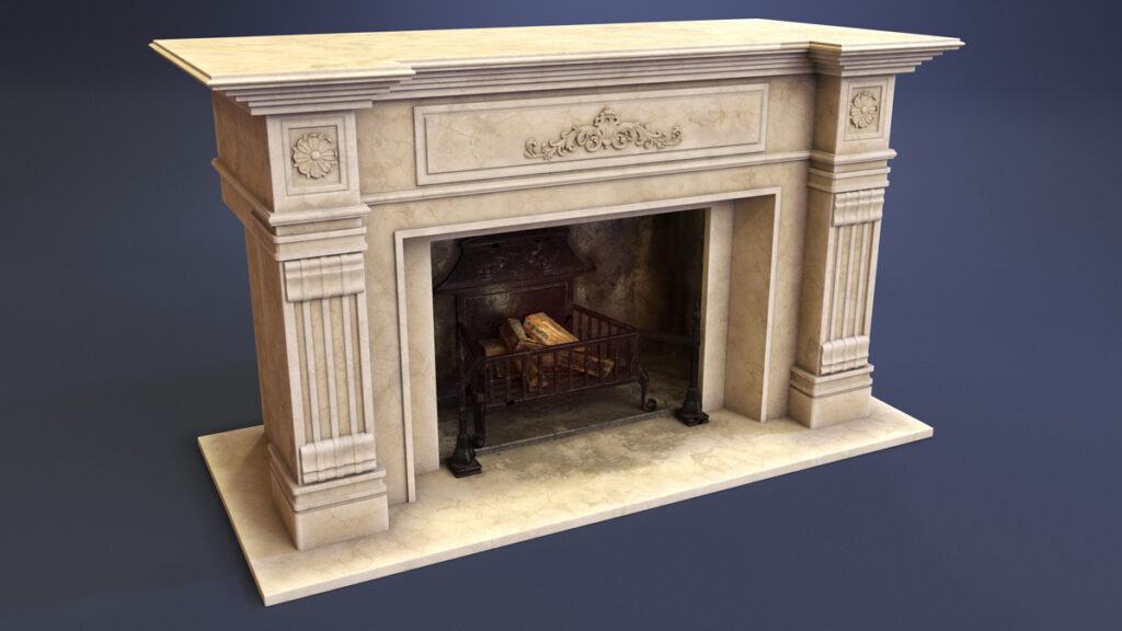 Front view, no fire render of a 3D fireplace by Gerzi 3D Art.