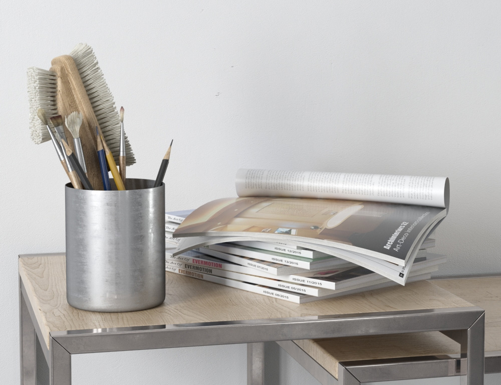 Hyper realistic 3D pencil holder and magazines by 3D artist Evermotion.