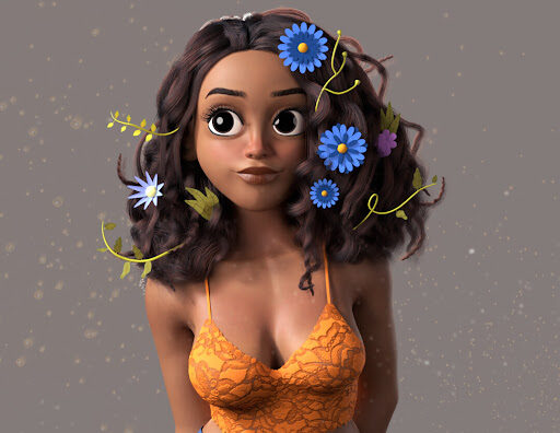 A stylized 3D woman created by 3D artist Dwayne Jones.