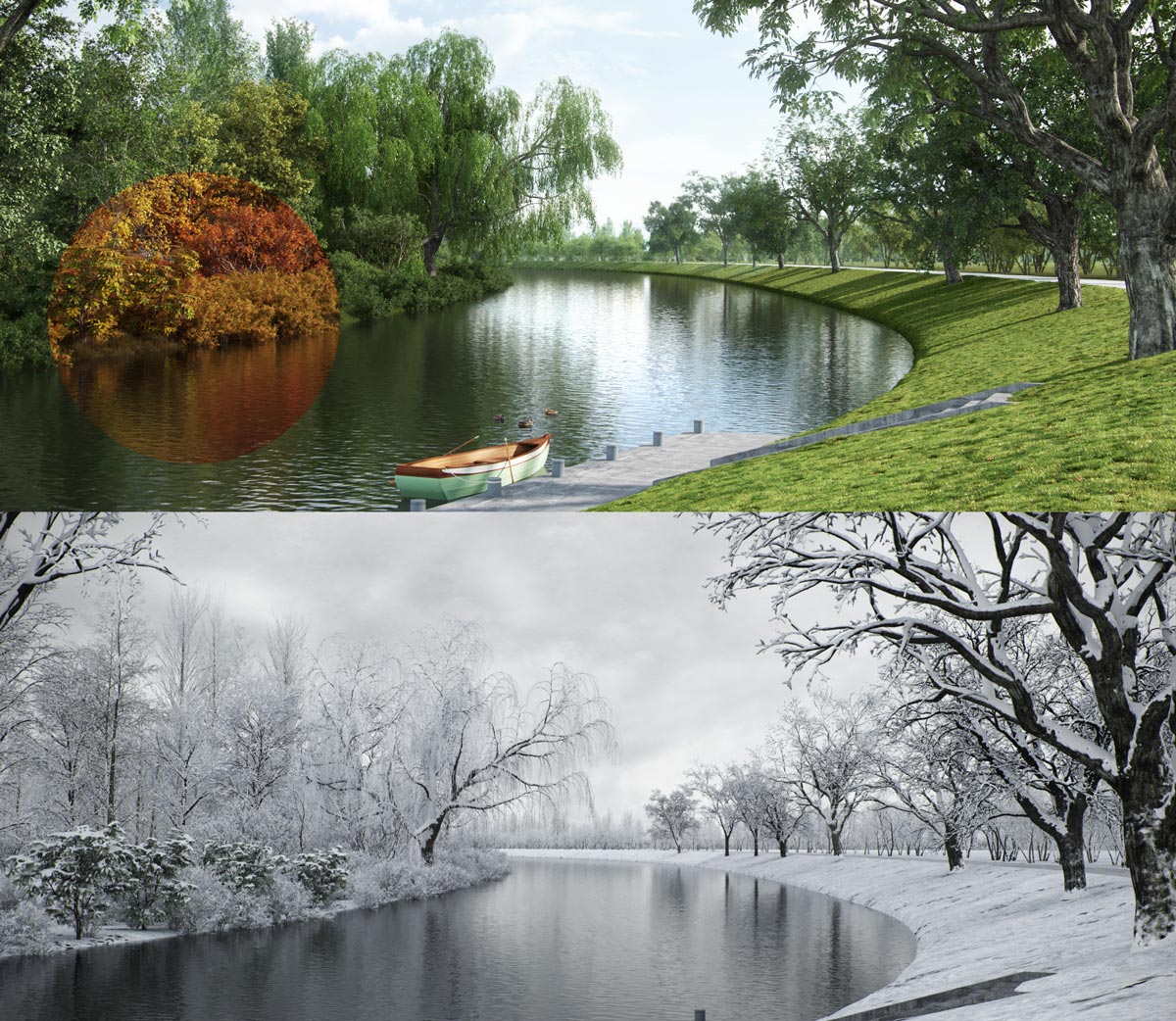 A 3D outdoor river and forest, in different seasons, created by Macrox.