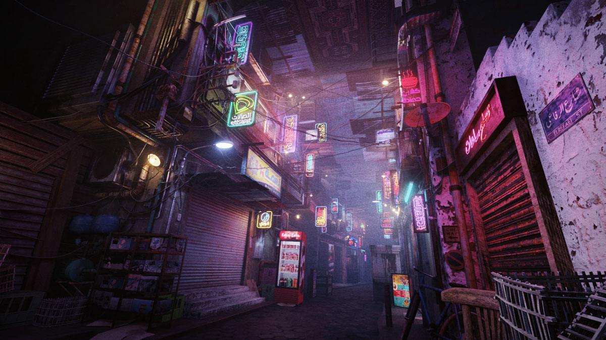 A 3D cyberpunk street created by 3D artist Refaei.