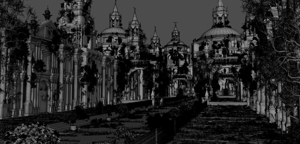A wireframe 3D model of an ancient abandoned palace created by Marc Mons.