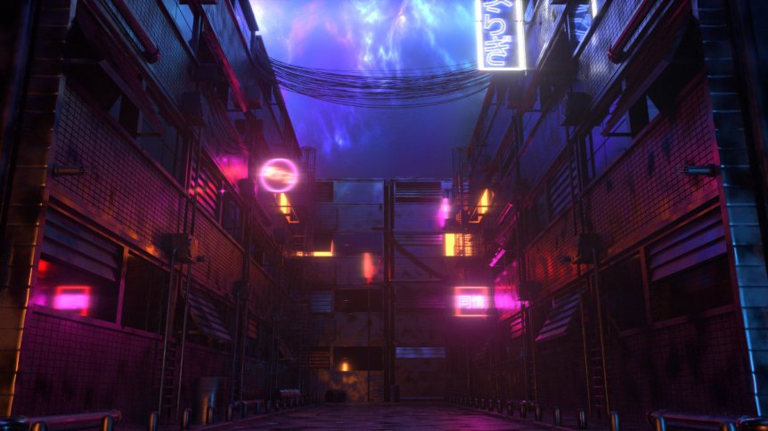 A neon-lit cyberpunk-inspired 3D environment by 3Denvironementmodels