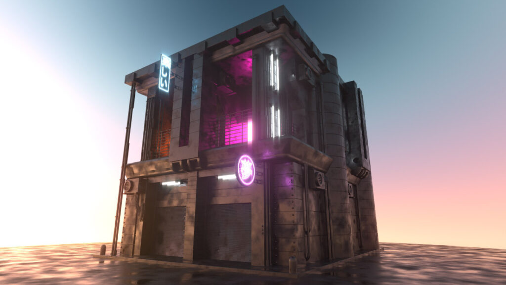 A neon-lit cyberpunk-inspired 3D building by 3Denvironementmodels