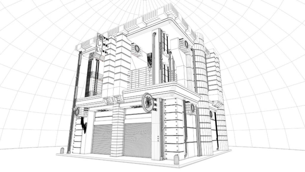 A wireframe version of a 3D building by 3Denvironementmodels