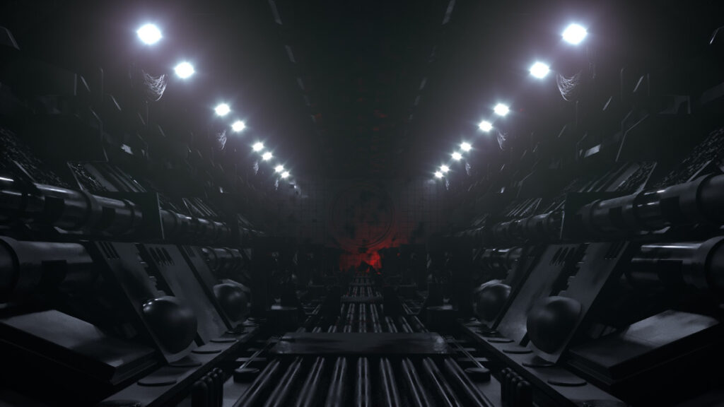 A dark metal sci-fi corridor with rows of spotlights on the ceiling by 3Denvironementmodels