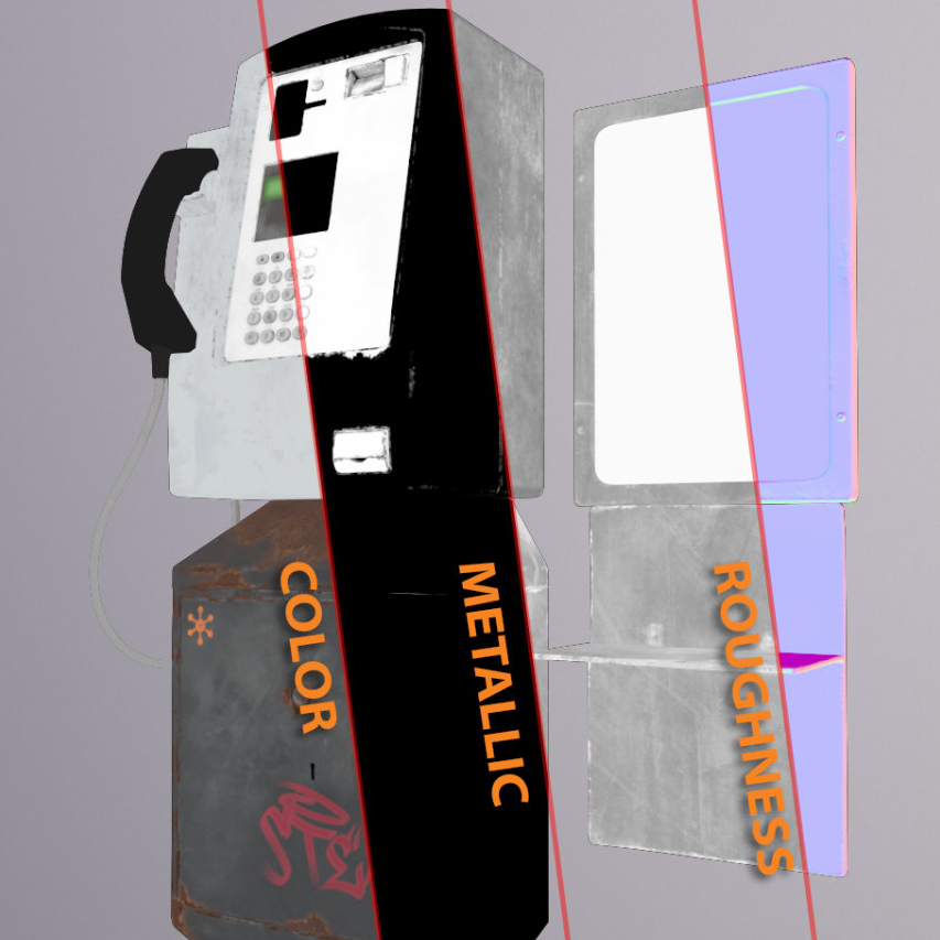 Header image of a 3D phone booth model featuring different looks of color, metallic, and roughness settings.