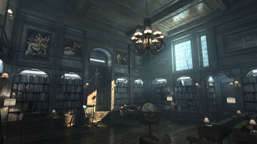 A 3D environment of an old classic library.