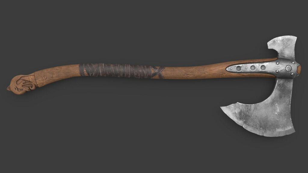 A 3D battle axe featuring a wooden handle with leather wrapping and a metal axe head.