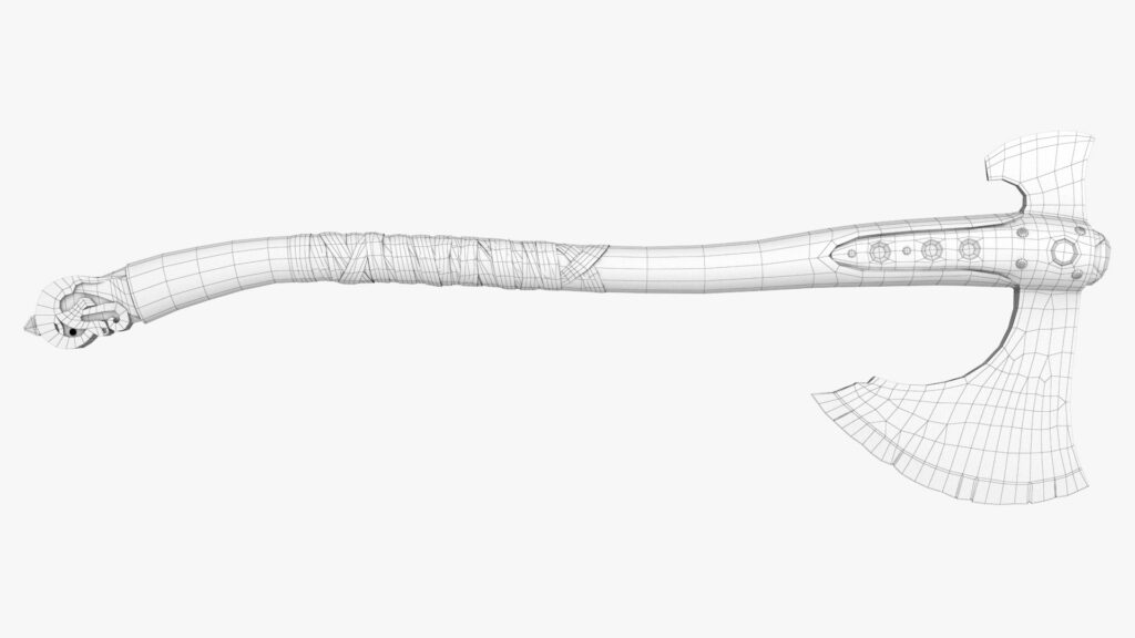 A 3D battle axe wireframe featuring a wooden handle with leather wrapping and a metal axe head.