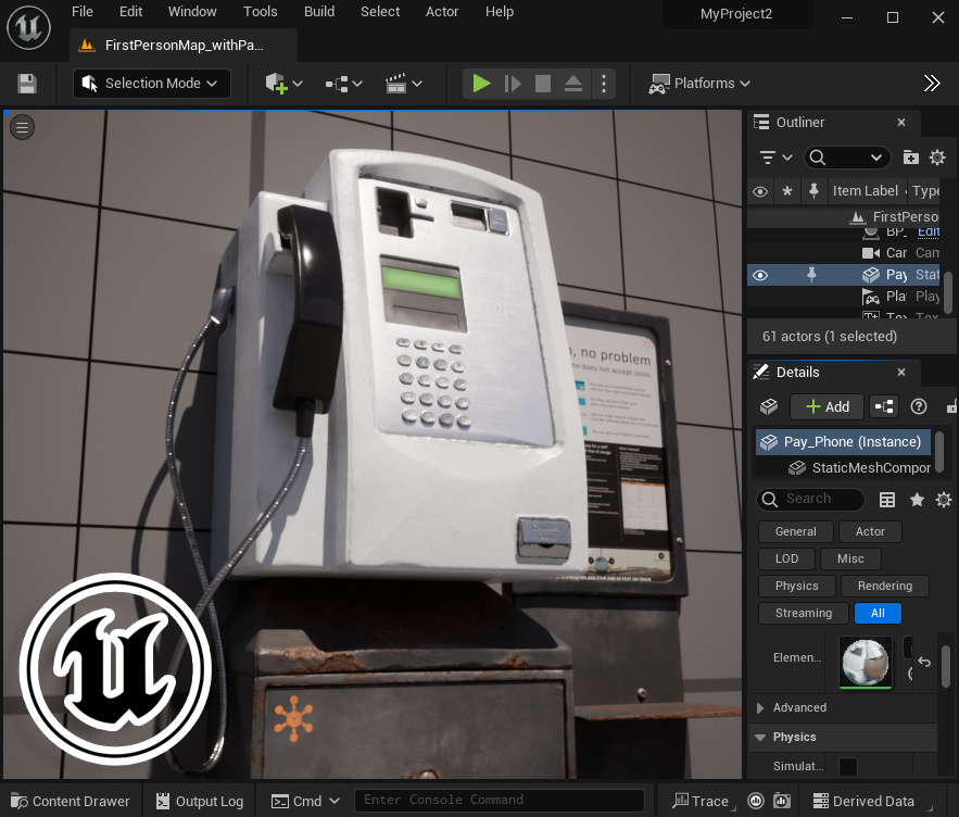 Screenshot of phone booth in Unreal Engine with UE logo